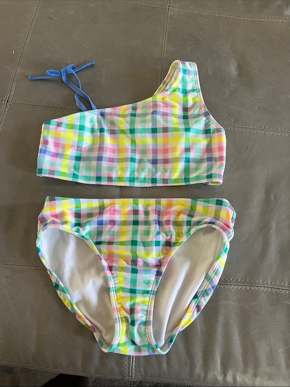 Cat & Jack Pastel Gingham One-Shoulder Swim Set - Blue Tie
